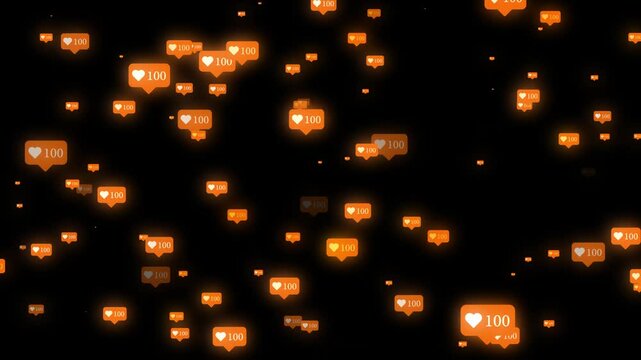 social media like counter, flying particle animation on background ,Glowing 100 Likes Notification Icons Background ,Social Media Engagement Concept, Instagram Like Icons on Black Screen