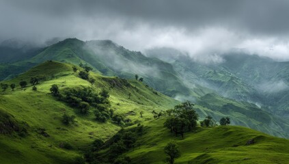 Misty, verdant hills roll under a brooding, gray sky; scattered trees dot the lush landscape