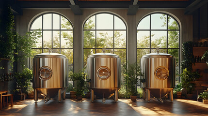 Stainless steel beer brewing tanks in sunlit industrial interior