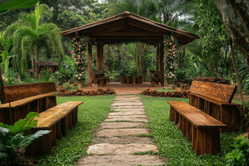 Wooden benches facing a serene lake, with a gazebo at the far end, surrounded by lush green trees under a clear blue sky.