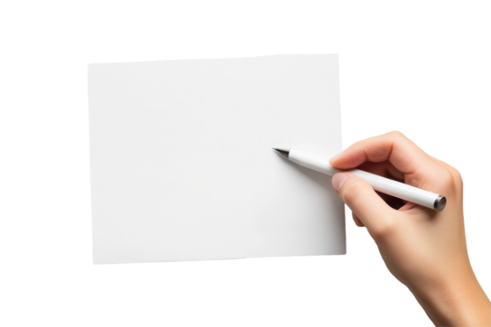 Hand holding a blank paper ready for notes or sketches on a transparent background, ideal for creative projects, announcements, or design purposes - Powered by Adobe
