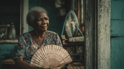 Elderly black woman sitting with a fan in a rustic indoor setting  