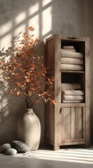 Sunlit room with rustic wooden cabinet holding neatly stacked towels, beside a vase of autumnal branches and stones