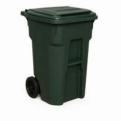 A green trash bin on wheels for easy waste disposal outdoors.