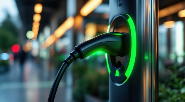 green tech carbon neutral electric concept Electric vehicle charger in a modern urban setting.