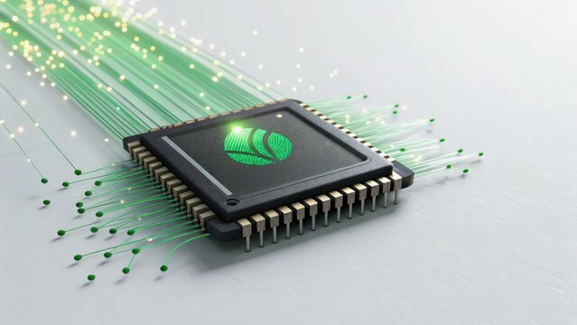 green tech carbon neutral electric concept Digital circuit chip with glowing connections and green light effects.