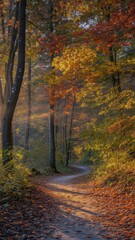 Obraz premium Winding Forest Path Autumn Sunlight Golden Leaves trail