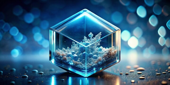 Enigmatic Crystal Cube A Captivating Display of Luminescent Spheres and Frosty Formations Within a Glass Enclosure - Powered by Adobe