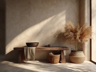 Sunlit minimalist room featuring a rustic wooden bench, woven baskets, pampas grass, and a dark bowl, all against a textured beige wall
