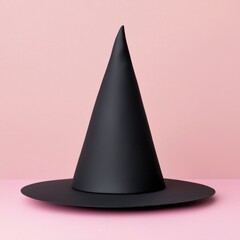 Fototapeta premium A simple witch's hat sitting on a pink surface. A dark, yet playful image