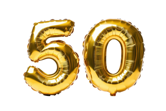 Big metallic golden balloon displaying the number fifty, perfect for celebratory events, parties, or milestone birthdays, set against a clean white background