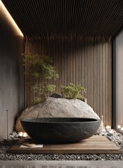 Tranquil, minimalist bathroom featuring a dark stone freestanding tub nestled within a rock garden, accented by wood slats and ambient lighting