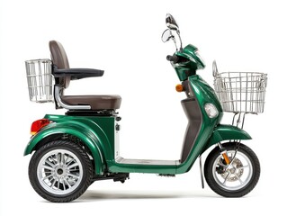Green Three Wheeled Motorized Scooter with Storage Baskets