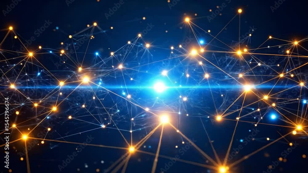 Poster abstract network visualization with golden light and blue lines