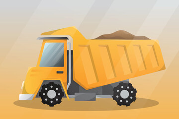 Dump truck tipper illustration. Heavy industrial machinery equipment vehicle. Truck for transportation of construction goods. Mechanism with large capacity for delivery of bricks. Yellow mining car.