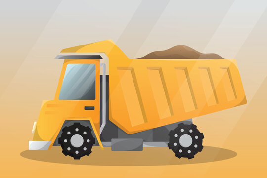 Dump truck tipper illustration. Heavy industrial machinery equipment vehicle. Truck for transportation of construction goods. Mechanism with large capacity for delivery of bricks. Yellow mining car.