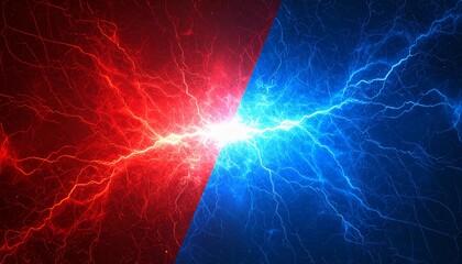 Red vs Blue　雷がぶつかる瞬間のエネルギー衝突　アクション、対立、スピード感のあるビジュアルとして、広告・ゲーム・スポーツ・イベント