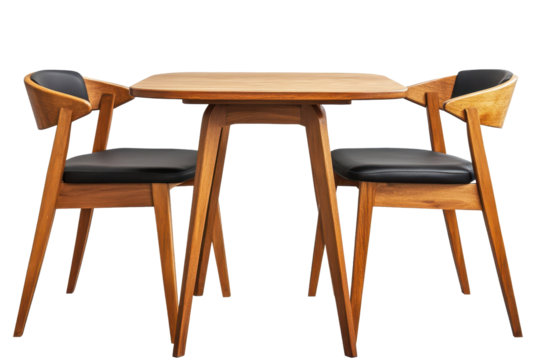 Charming modern wooden table with sleek black chairs, perfect for dining or casual gatherings in any stylish home or cafe setting