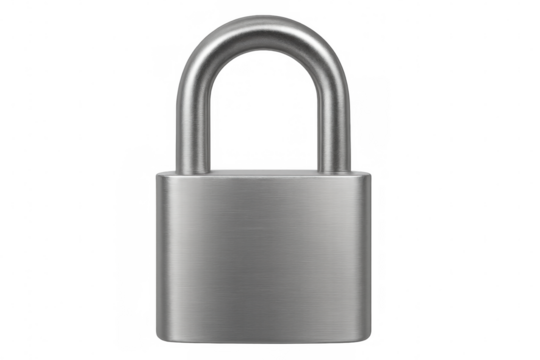 Metallic padlock securing closed position, symbolizing protection with sleek design against clear isolated backdrop