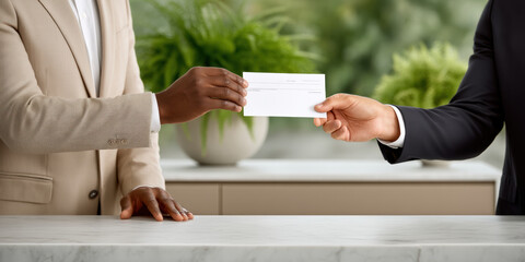 Businessman handing over blank check to another person in formal setting with green plants in background, symbolizing trust and transaction