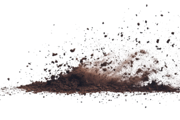 Flying dirt soil pile scattered with high velocity isolated on white background showcasing dynamic motion