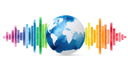 Obraz premium Watercolor globe with colorful sound wave bars in rainbow spectrum representing global communication and diversity