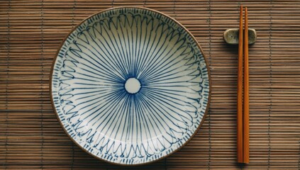 Empty blue-and-white patterned bowl with chopsticks on bamboo placemat
