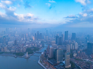 Aerial view of Shanghai skyscrapers in downtown.