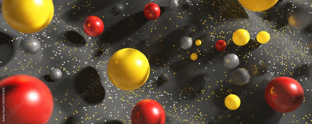 Poster a dynamic composition of spheres in red yellow and gray floating above a textured dark surface with 
