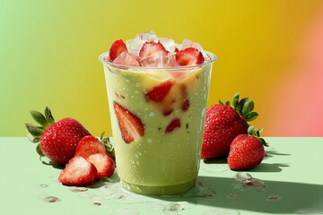 Refreshing iced avocado smoothie with fresh strawberry slices in a clear cup, surrounded by ripe strawberries on a colorful gradient background.
