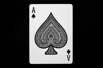 Ace of Spades playing card with an ornate black spade symbol, isolated on a black background for a dramatic, high-contrast look.