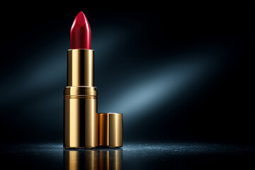 Elegant red lipstick in a luxurious gold tube stands upright under dramatic spotlight, creating a glamorous and bold beauty product presentation.