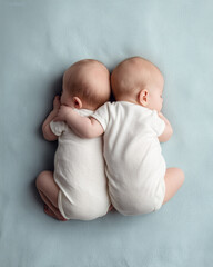Adorable newborn twins lying on a soft pastel blanket, curled up side by side in matching white onesies.