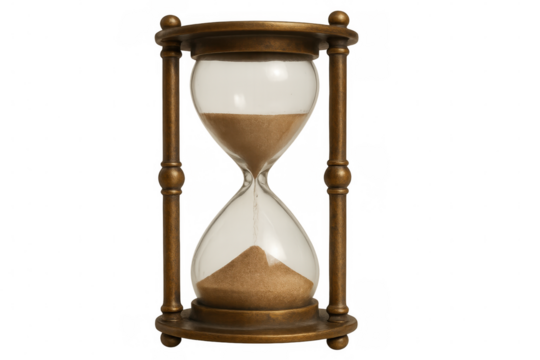 Classic brass hourglass with sand flowing, symbolizing time passing, on a transparent background