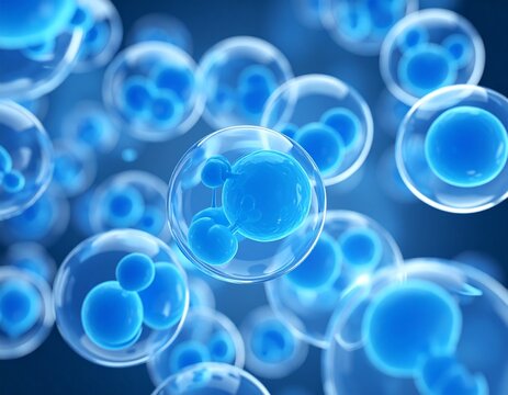 Close-up of blue exosome particles inside transparent spheres. 3D illustration of exosomes in biotechnology. Scientific visualization related to cosmetology and trichology.enerated image.