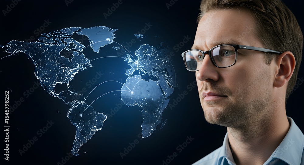 Poster a man with glasses is looking at a digital world map with glowing city lights and connection lines. 