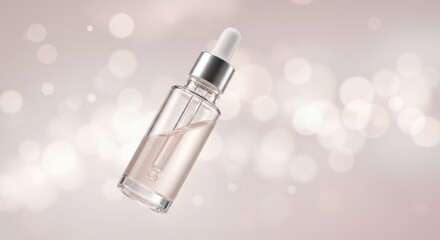 Clear Glass Dropper Bottle with Light Pink Serum on Soft Bokeh Background