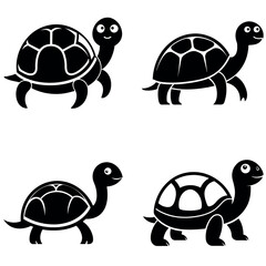 Four Black and White Turtle Illustrations with Smiling Faces and Patterned Shells on White