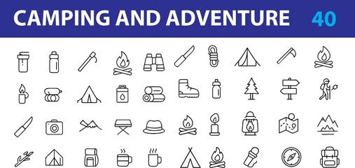 Camping and Adventure outdoor adventure vector line icons.,  Tent, Campfire, Backpack, Compass, Hiking Boots, Map, Flashlight