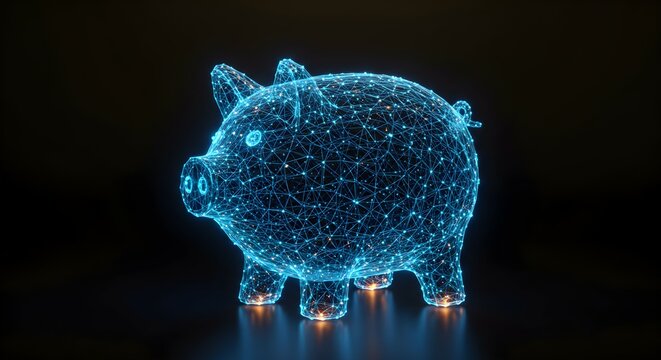 Digital wireframe piggy bank for financial savings and blockchain investment. Cryptocurrency wallet and virtual economy asset.