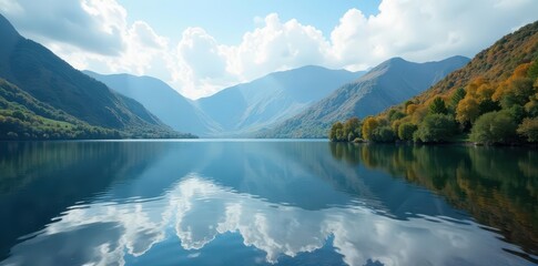 Coniston Water's serene surface reflects majestic fells , hills, clouds, spring