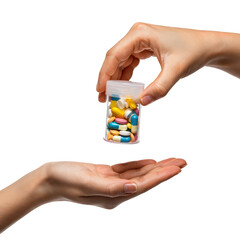 Hand offering medicine pills from bottle for healthcare and medical treatment concept