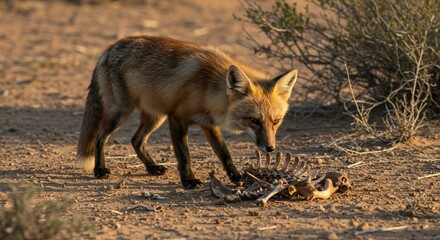 Fototapeta premium Fox foraging on animal bones in desert landscape