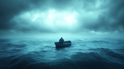 A solitary individual rows a small boat through choppy ocean waters, surrounded by dark clouds and an ominous sky