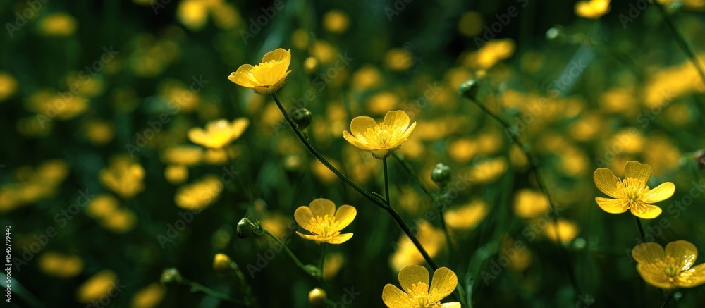 Poster a field of buttercups in bloom with a shallow depth of field creating a soft and dreamy atmosphere
