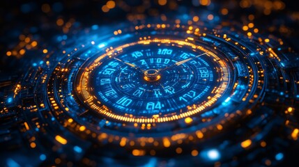 A mesmerizing clock display radiates luminous blue and orange light, showcasing intricate patterns