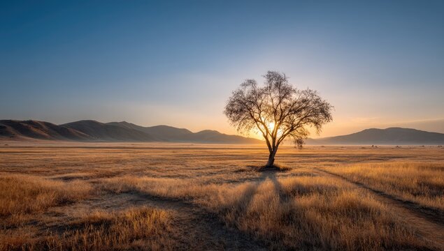 Solitary, leafless tree silhouetted against a vibrant sunrise over a vast, dry, golden field and distant mountains
