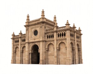Obraz premium A large, imposing building constructed from sandstone is shown in isolation. It features a symmetrical design with arched windows, decorative towers, and intricate stone work.