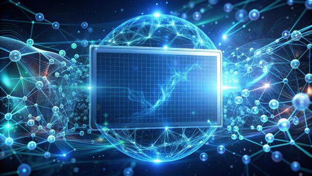 A Futuristic Display Screen Showcasing Global Network Connectivity and Data Visualization Through Abstract Molecular Structures