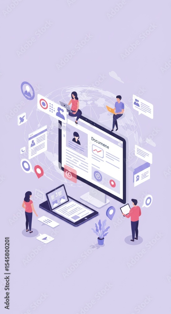 Poster digital document management concept with people collaborating on computers and devices